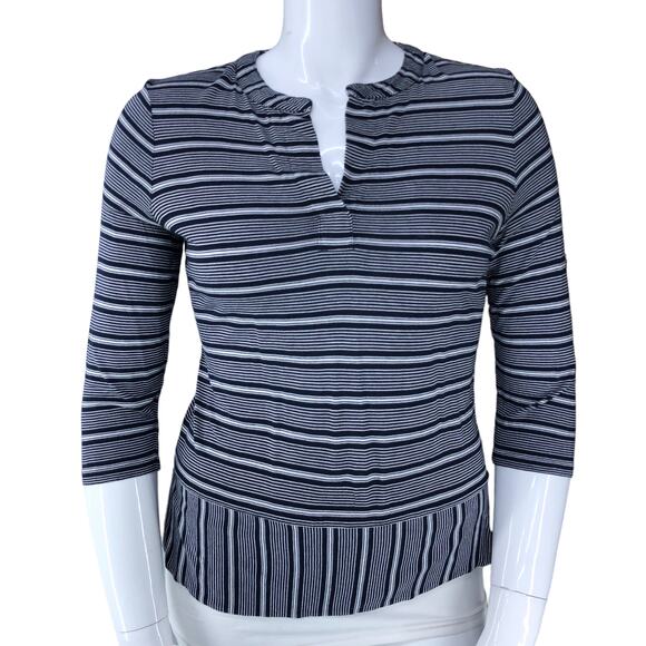 Talbots Womens Size MP Navy Blue Striped TShirt Top Slit Neck - Picture 2 of 14